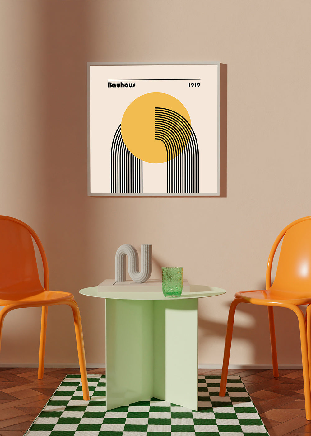Plakat geometryczny Bauhaus żółte słońce i łuki