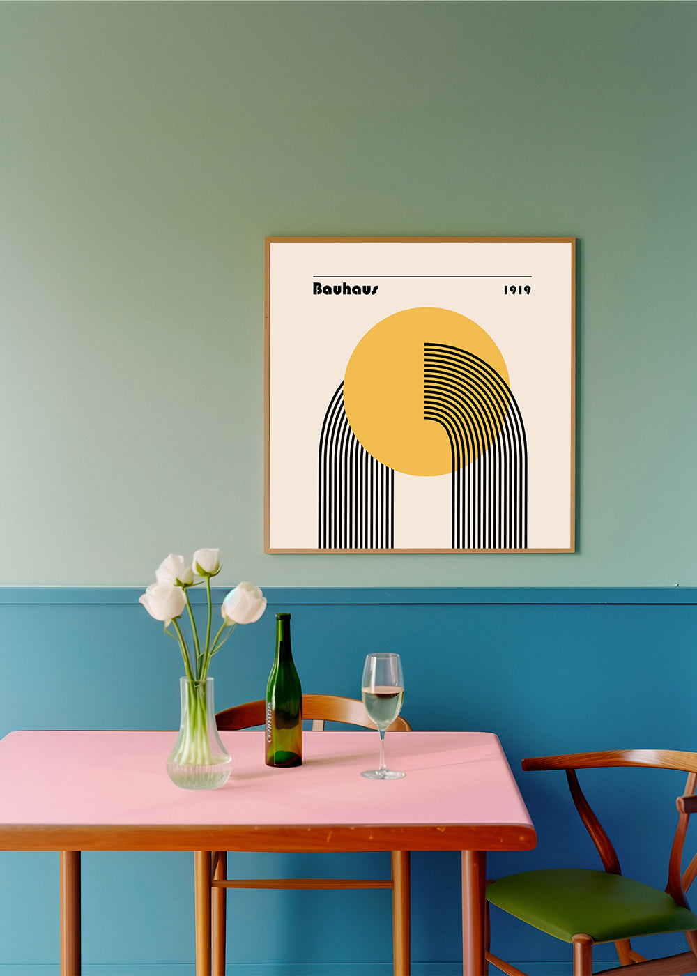 Plakat geometryczny Bauhaus żółte słońce i łuki