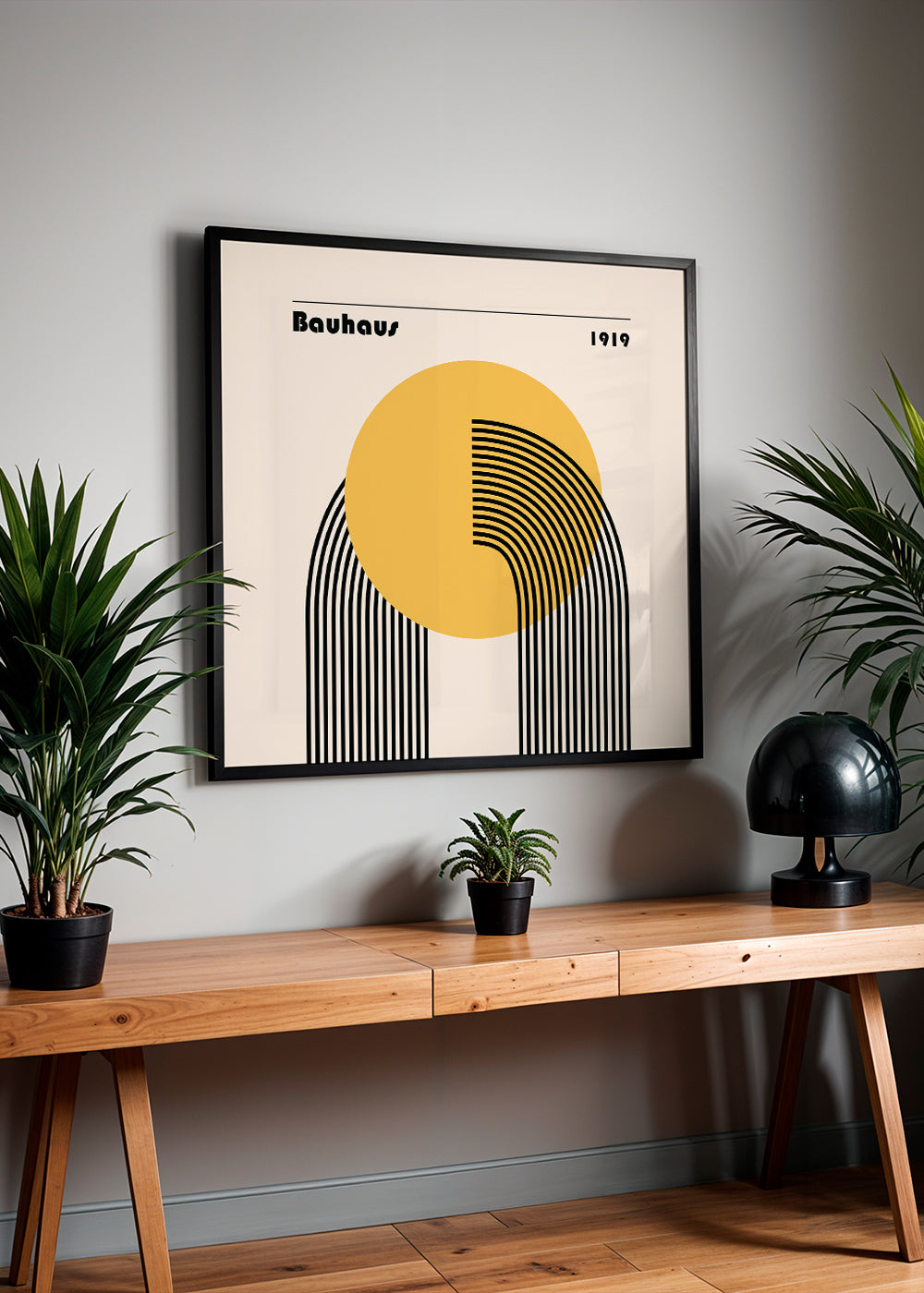 Plakat geometryczny Bauhaus żółte słońce i łuki