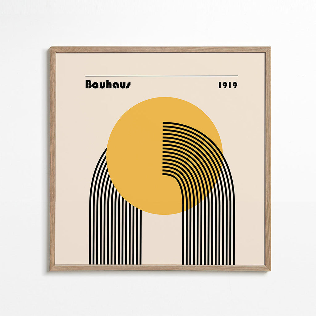 Plakat geometryczny Bauhaus żółte słońce i łuki