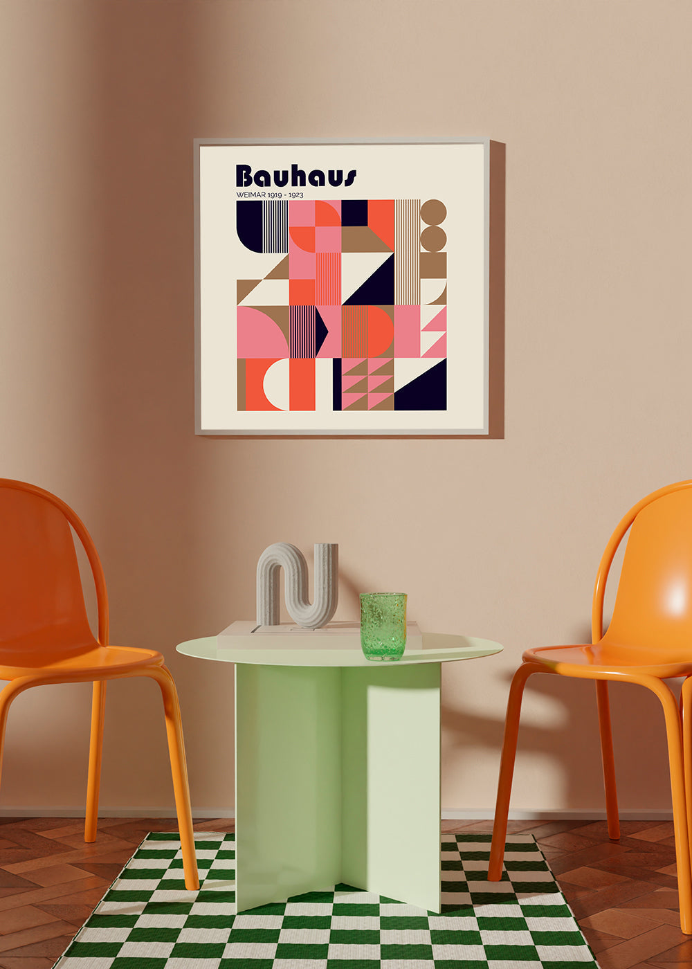 Plakat geometryczny Bauhaus koral i beż