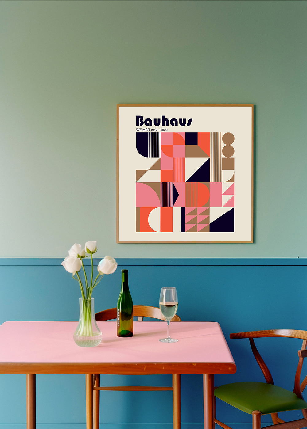 Plakat geometryczny Bauhaus koral i beż