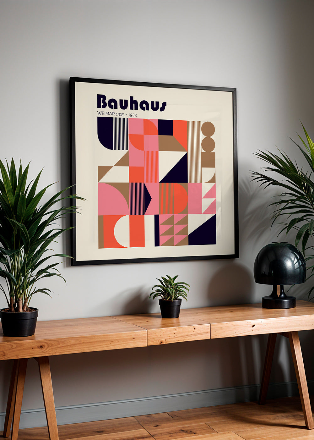Plakat geometryczny Bauhaus koral i beż