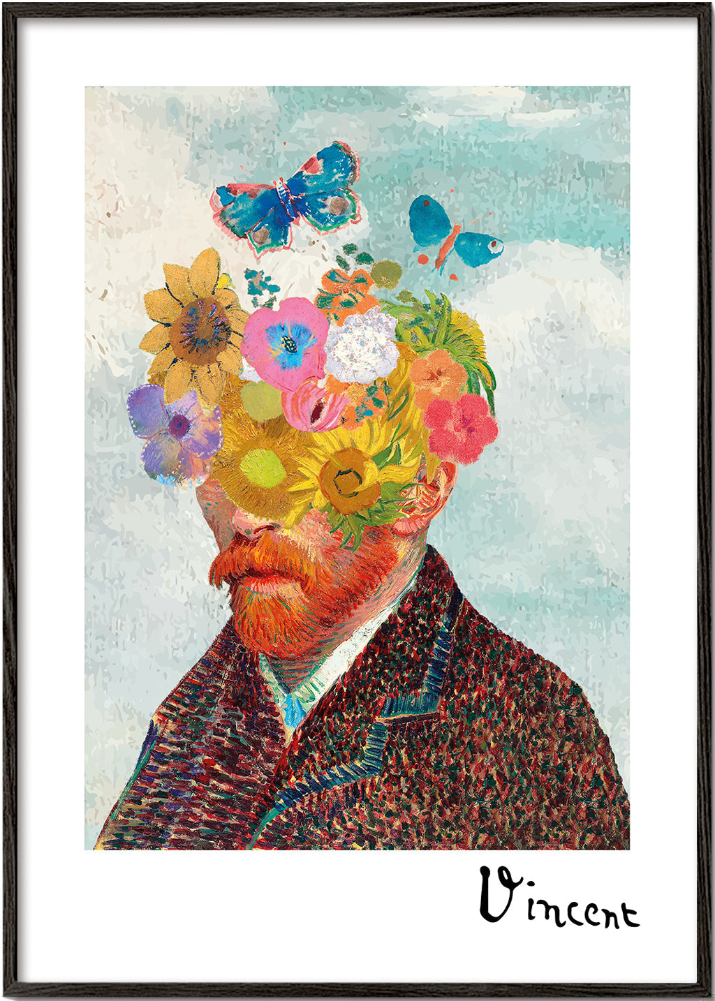 Plakat botaniczny portret kwiatowy z motylami