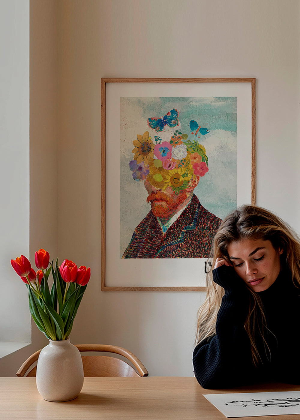 Plakat botaniczny portret kwiatowy z motylami
