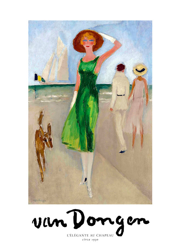 Plakat vintage kobieta na plaży zielona sukienka