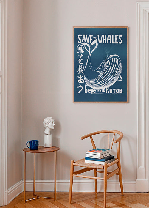 Plakat vintage z wielorybem w kolorze niebieskim
