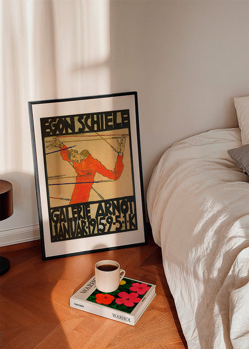 Plakat vintage z czerwoną postacią i mocną typografią