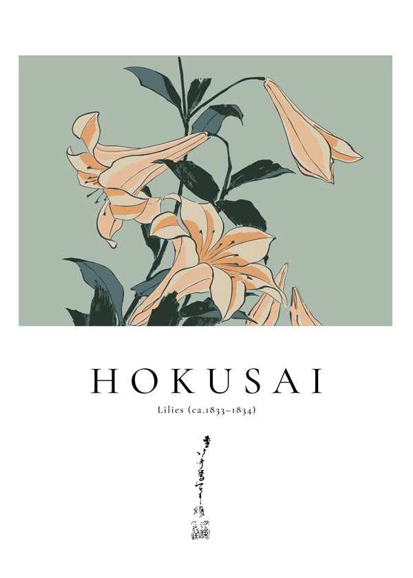 Plakat botaniczny Hokusai — lilie na zielonym tle