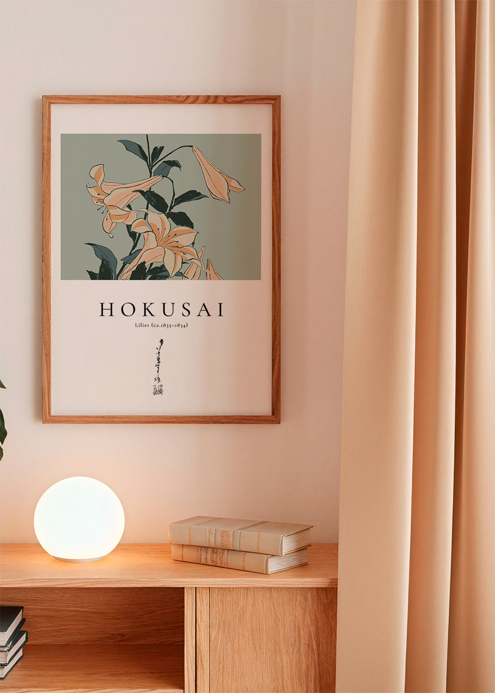 Plakat botaniczny Hokusai — lilie na zielonym tle
