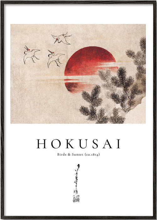 Dzieło Hokusai: ptaki i zachód słońca z czerwonym słońcem