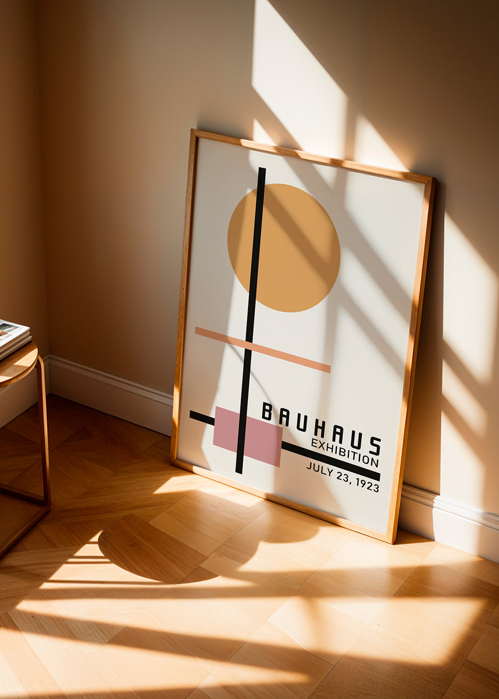 Plakat geometryczny Bauhaus z okrągłym słońcem i osiami