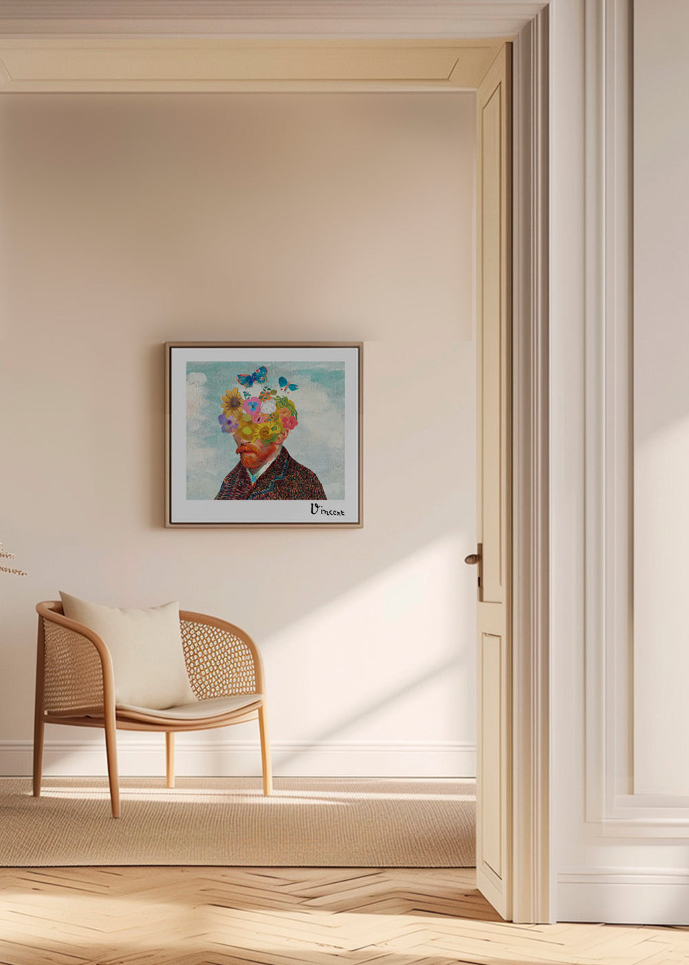 Plakat botaniczny: kwiatowy portret z motylami