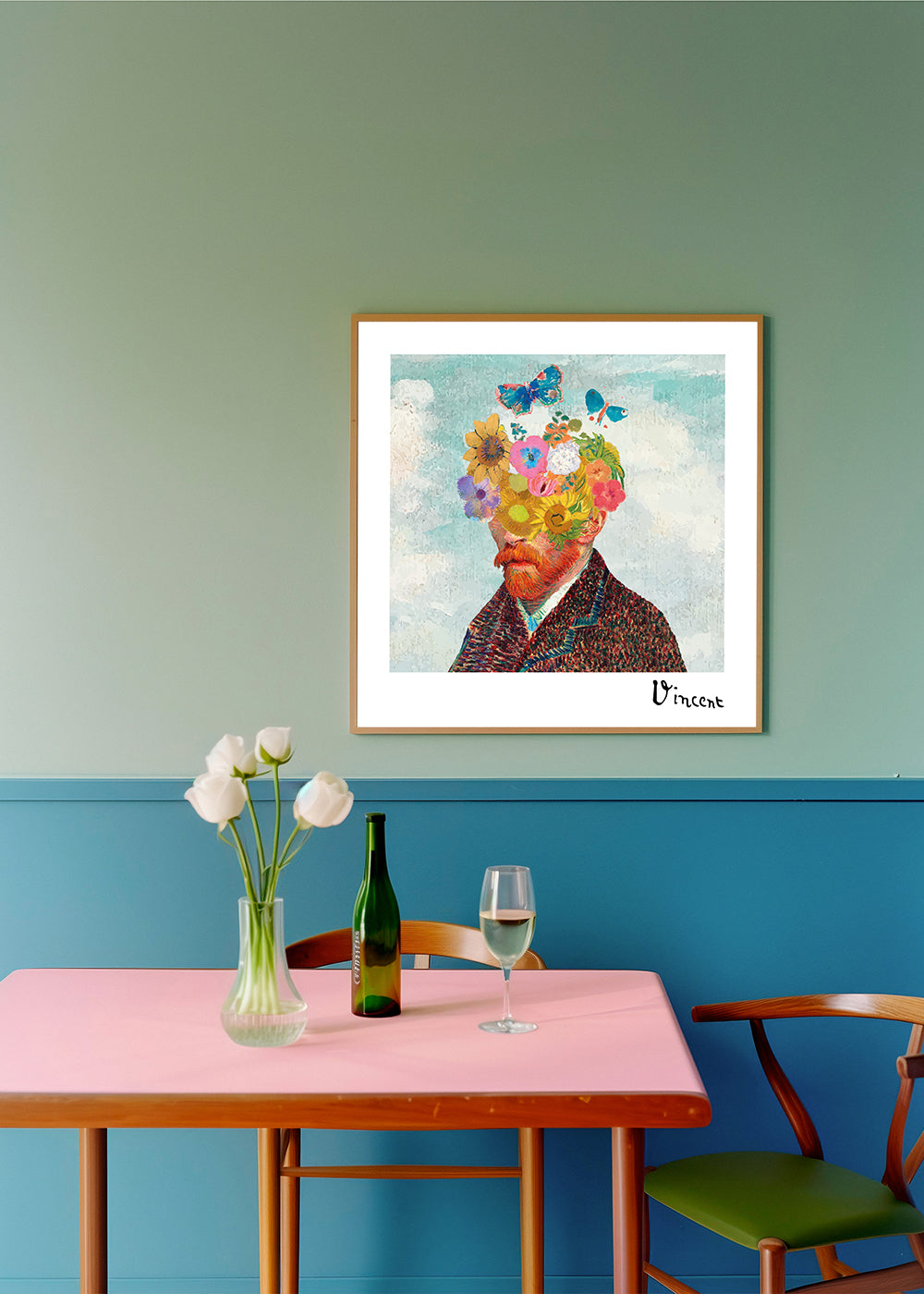 Plakat botaniczny: kwiatowy portret z motylami