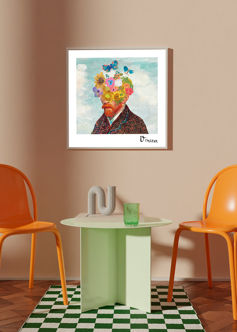 Plakat botaniczny: kwiatowy portret z motylami
