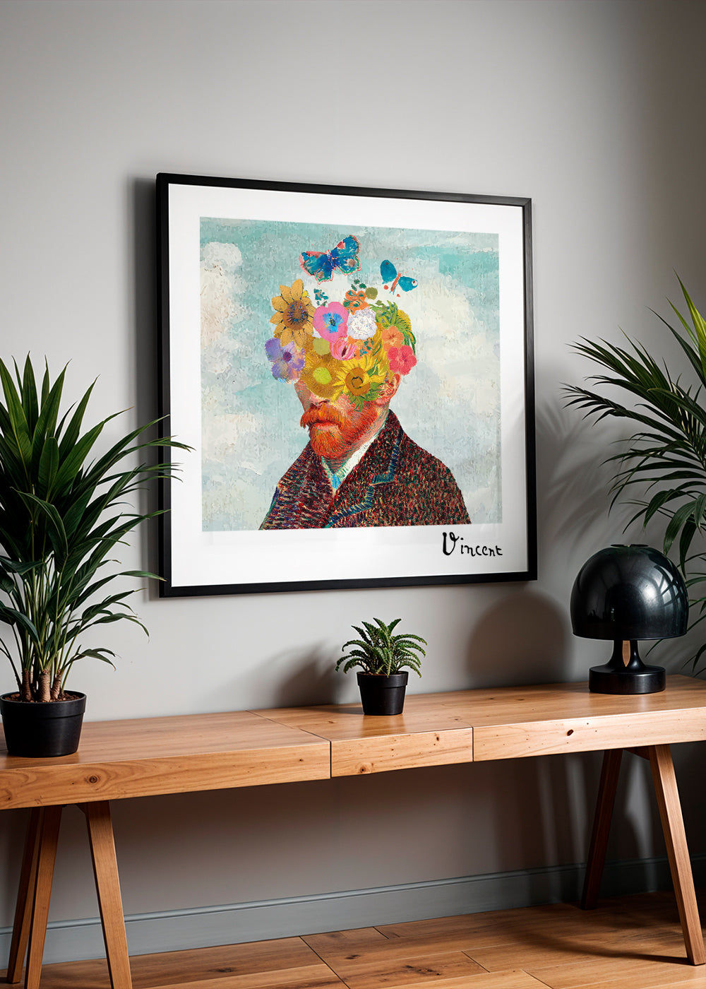 Plakat botaniczny: kwiatowy portret z motylami