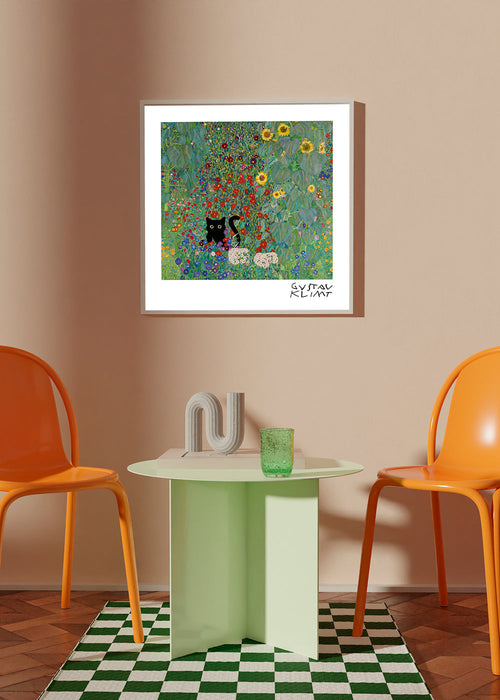 Kot w kwiatowym ogrodzie - plakat