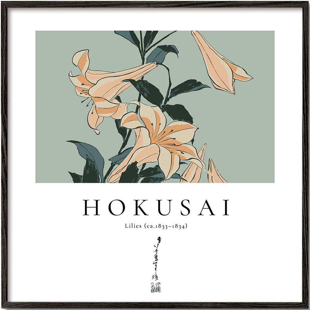Plakat botaniczny z liliami w stylu Hokusai