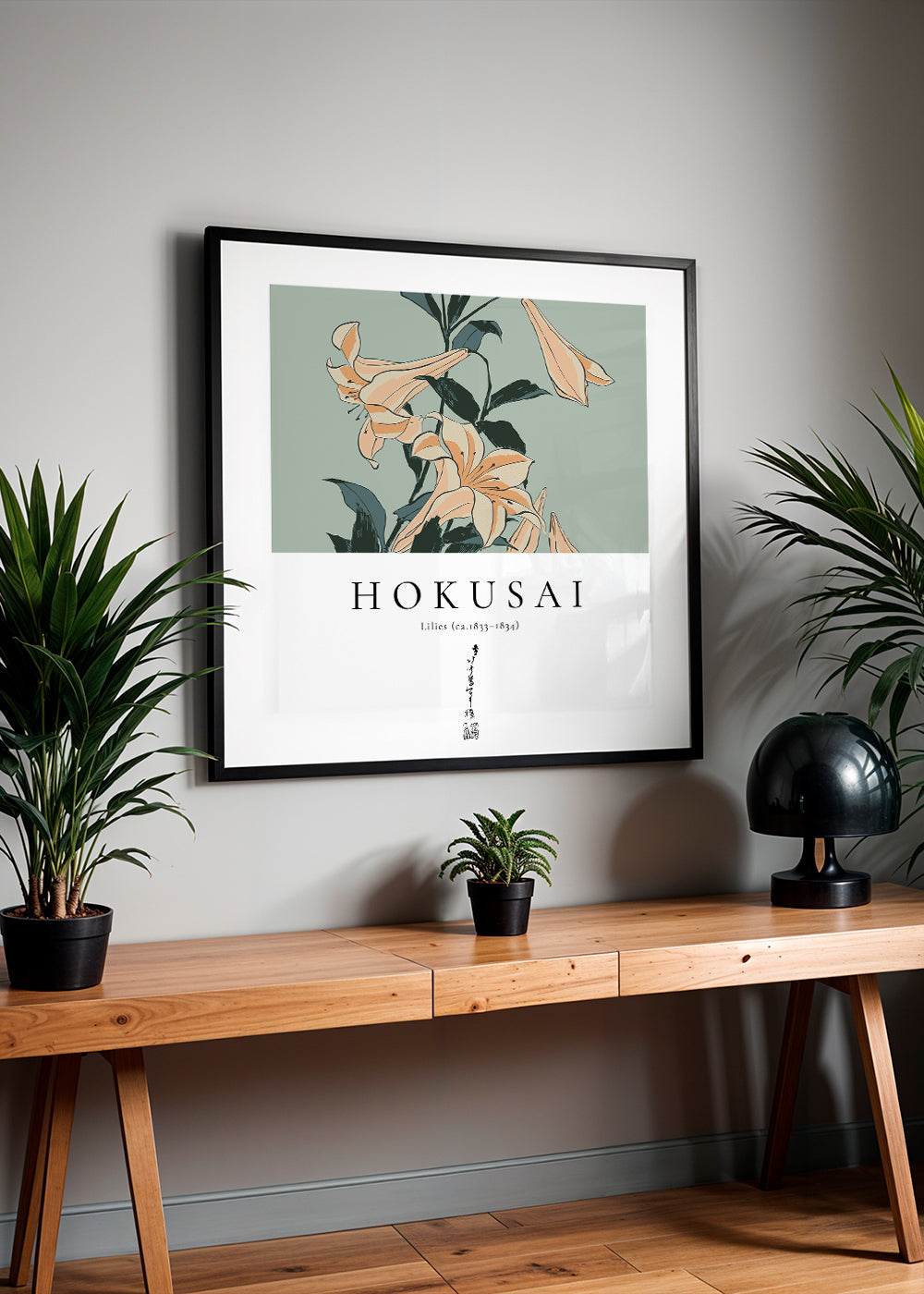 Plakat botaniczny z liliami w stylu Hokusai