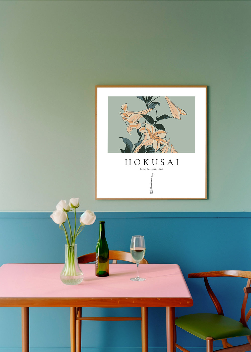 Plakat botaniczny z liliami w stylu Hokusai