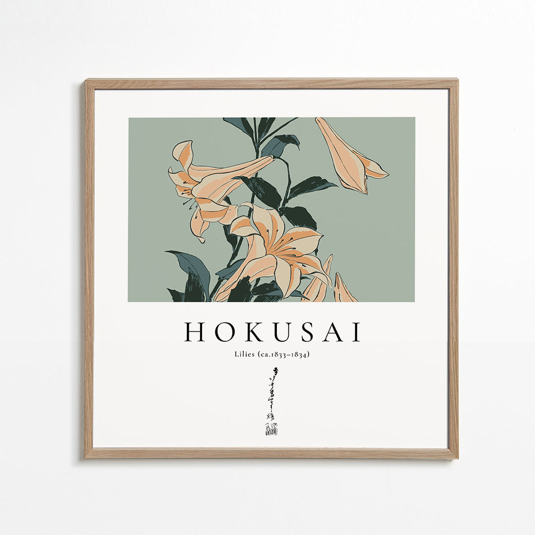 Plakat botaniczny z liliami w stylu Hokusai