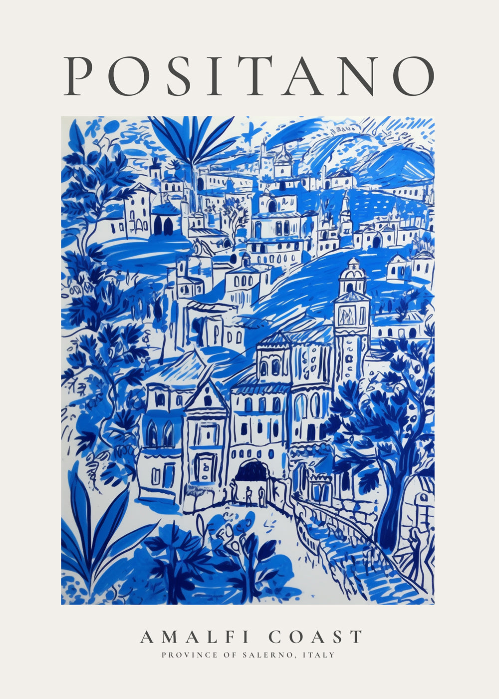 Plakat podróżniczy Positano niebieska ilustracja