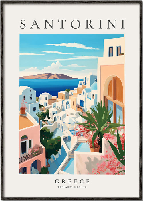 Plakat podróżniczy Santorini widok wybrzeża