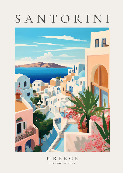 Plakat podróżniczy Santorini widok wybrzeża