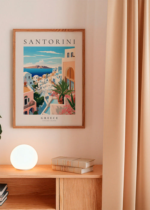 Plakat podróżniczy Santorini widok wybrzeża