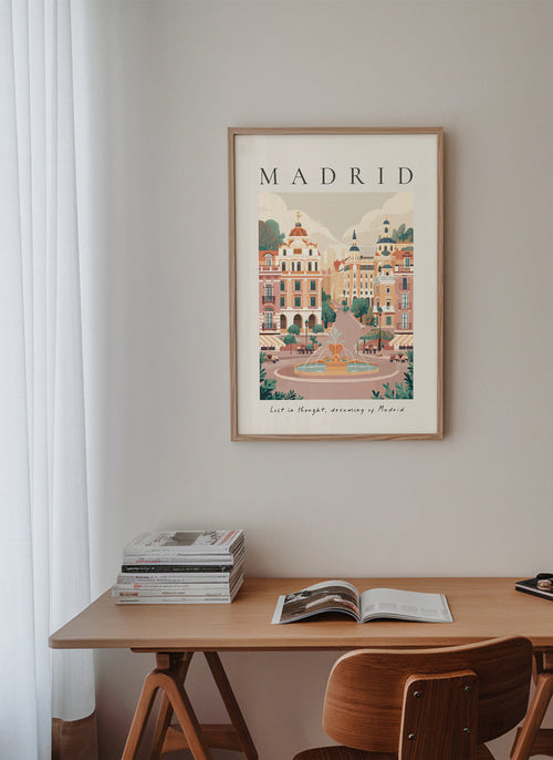 Plakat miasta Madryt z fontanną