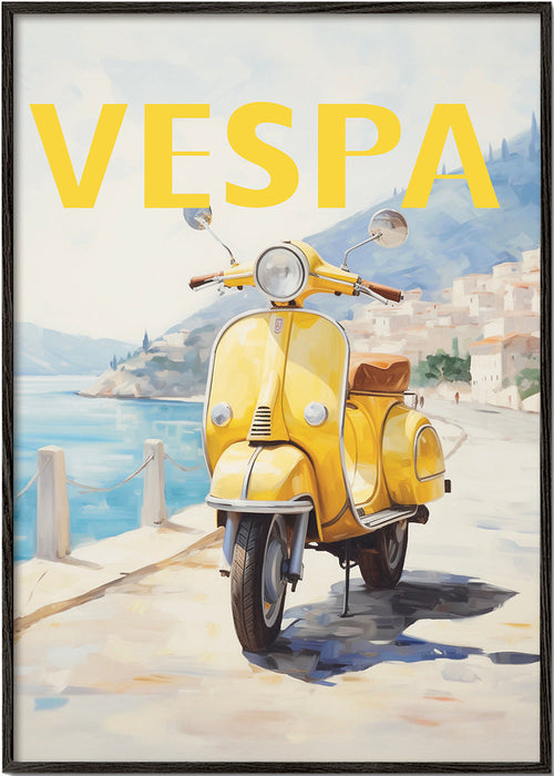 Plakat miast Żółta Vespa nad morzem