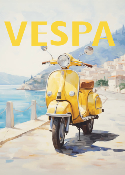 Plakat miast Żółta Vespa nad morzem