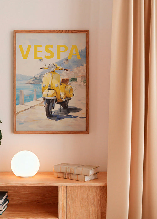 Plakat miast Żółta Vespa nad morzem