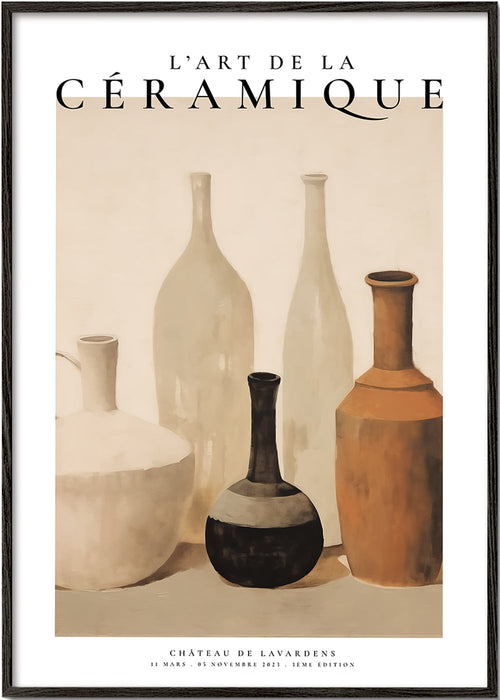 Vintage plakat: ceramiczne wazony w ziemistych tonach