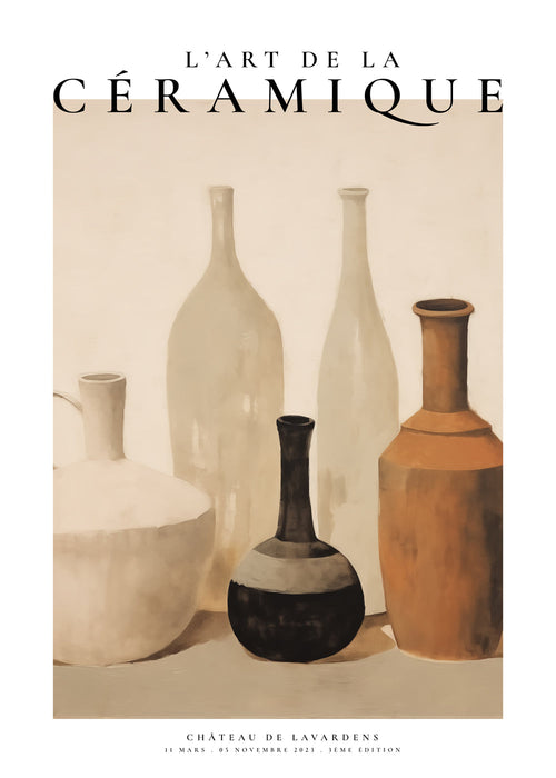 Vintage plakat: ceramiczne wazony w ziemistych tonach