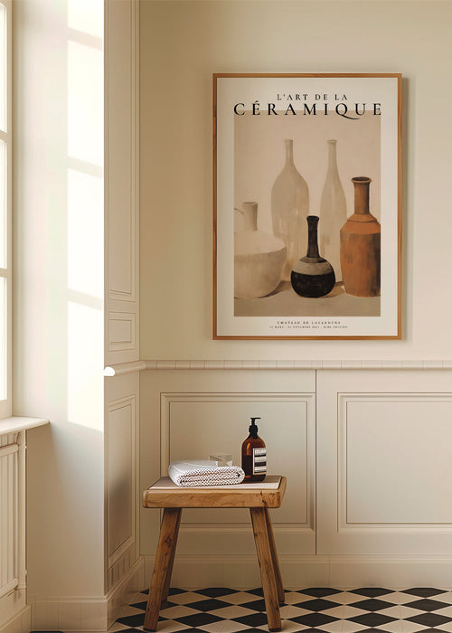 Vintage plakat: ceramiczne wazony w ziemistych tonach