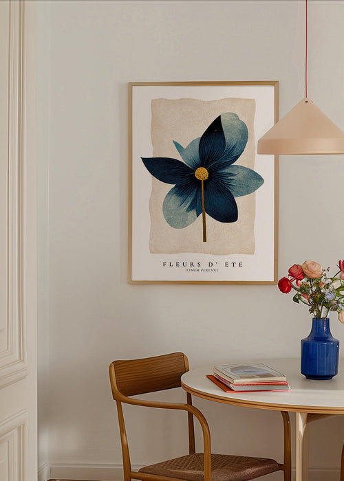 Plakat botaniczny niebieski z centralnym kwiatem