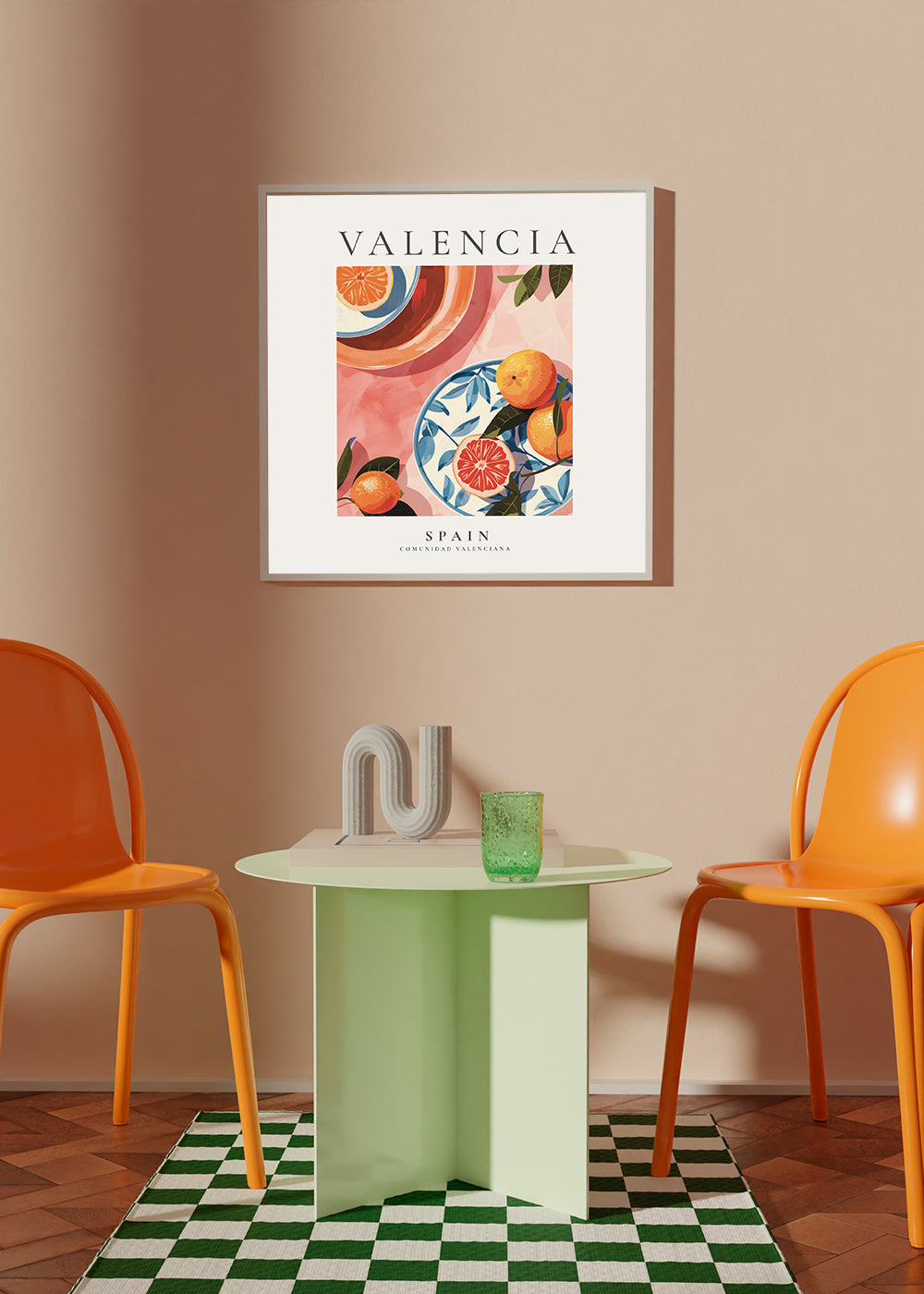 Plakat podróżniczy Walencja z ilustrowanymi pomarańczami