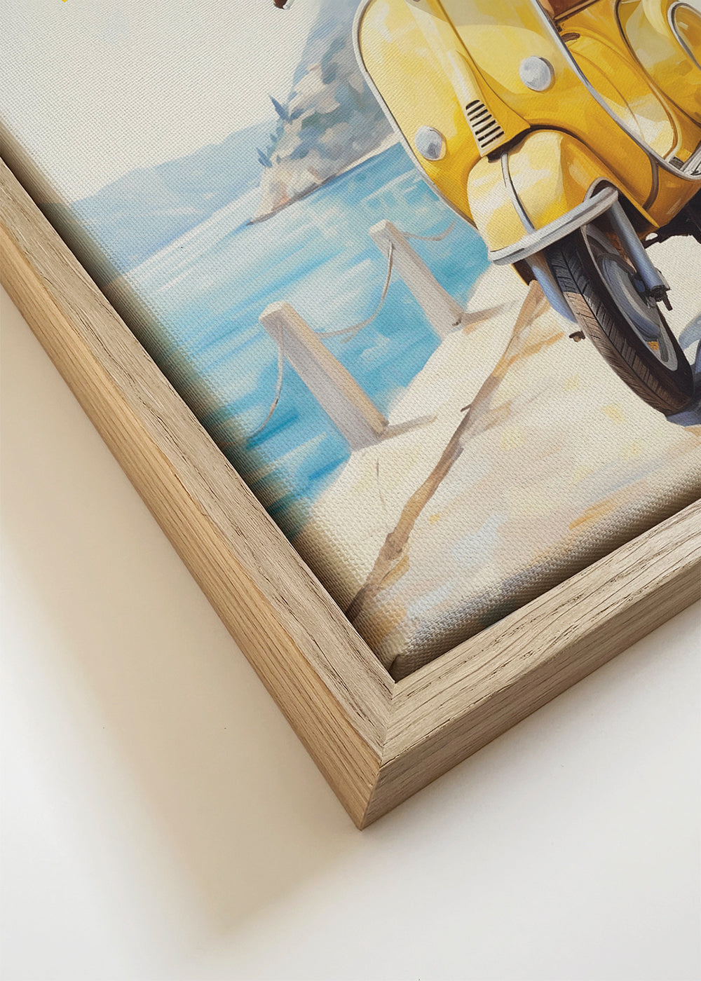 Vintage plakat żółta Vespa nad morzem
