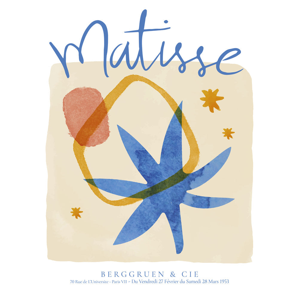 Plakat botaniczny w stylu Matisse w odcieniach niebieskiego i złota