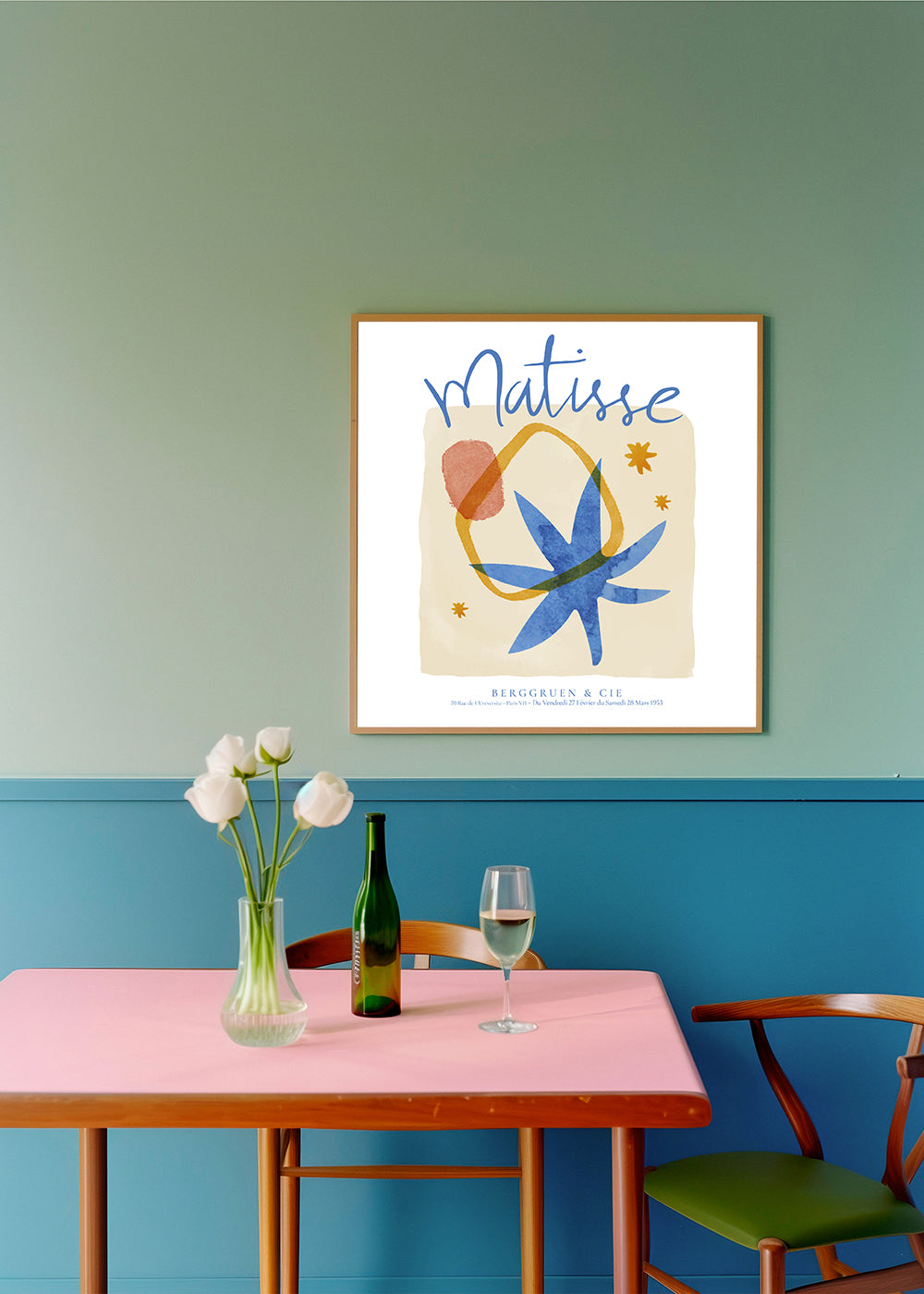 Plakat botaniczny w stylu Matisse w odcieniach niebieskiego i złota