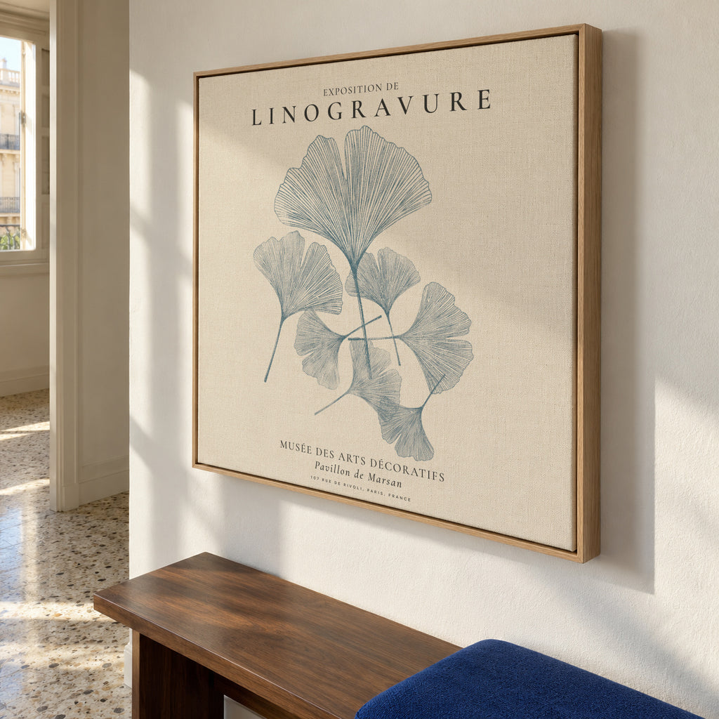 Exposition de linogravure, Ginkgo leaves - SQUARE - Framed canvas in an interior