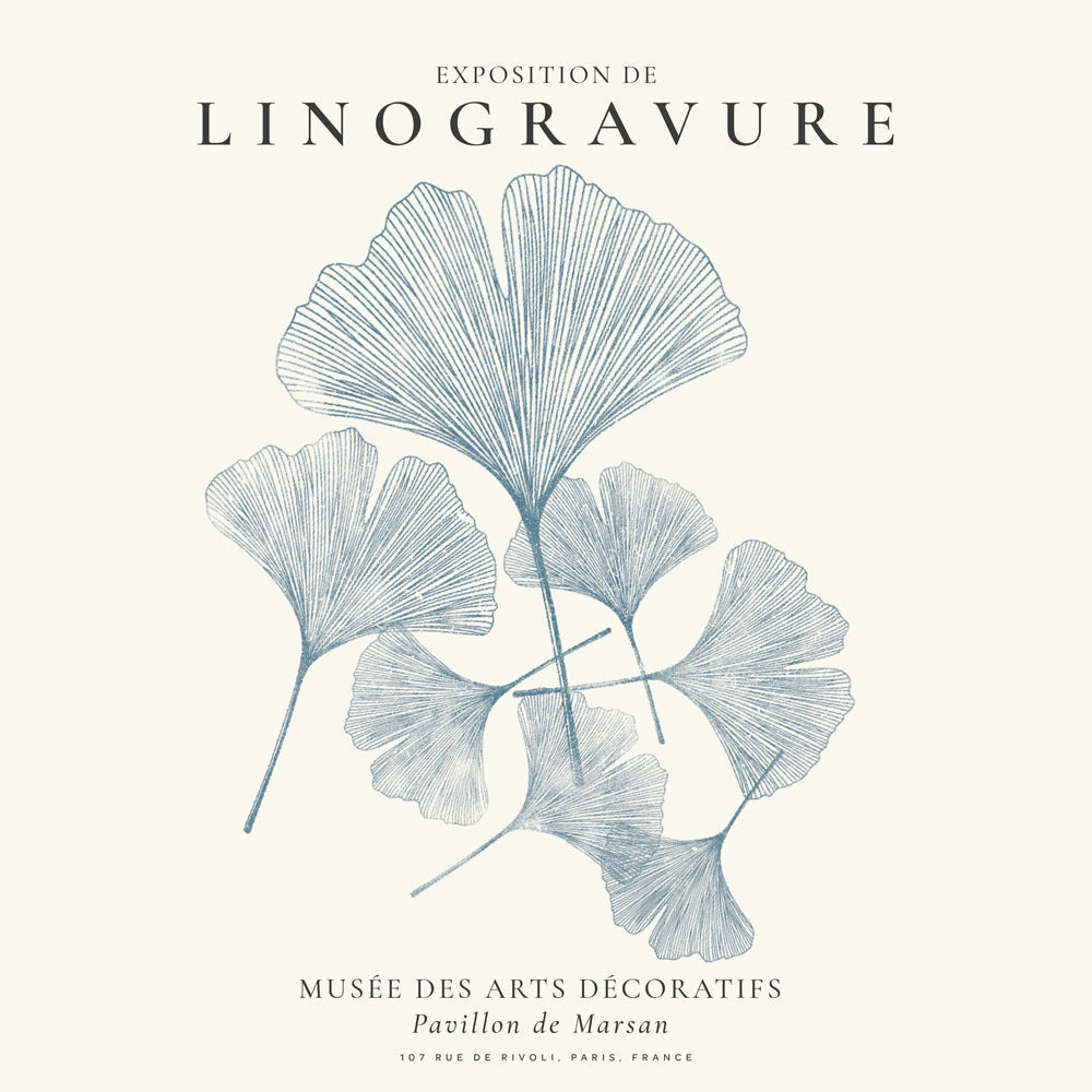 Plakat botaniczny Ginkgo linoryt niebieski