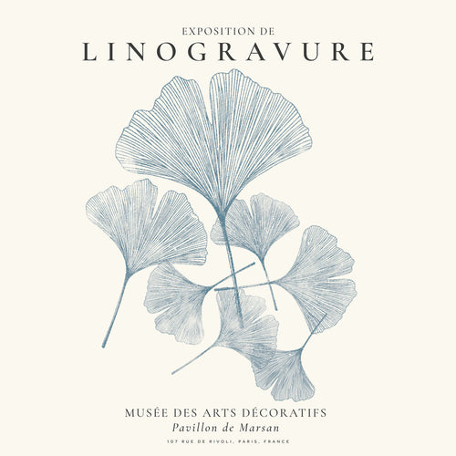 Plakat botaniczny Ginkgo linoryt niebieski