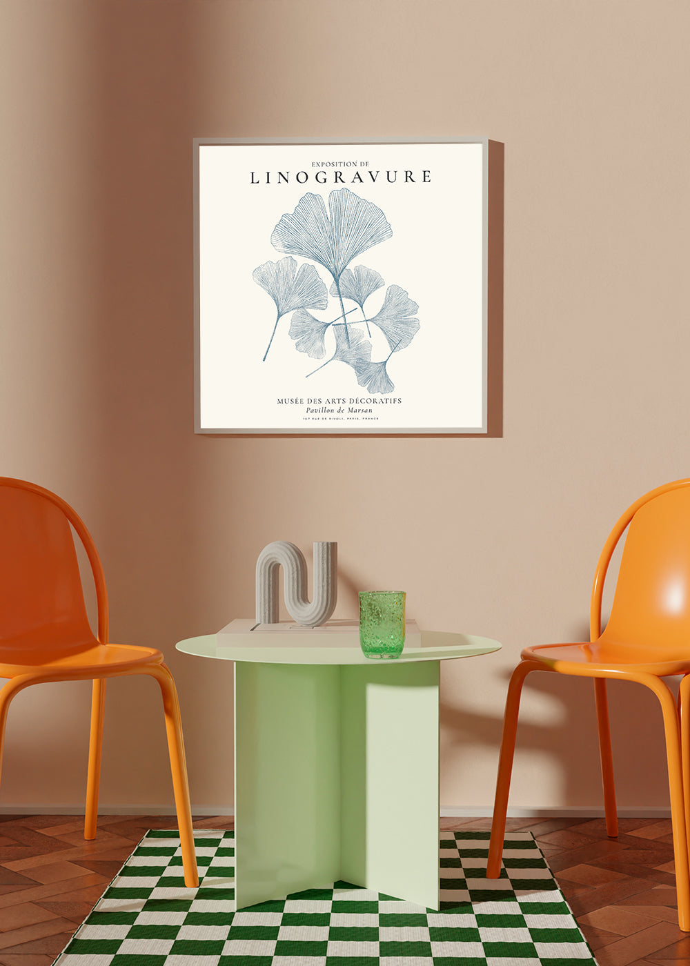 Plakat botaniczny Ginkgo linoryt niebieski