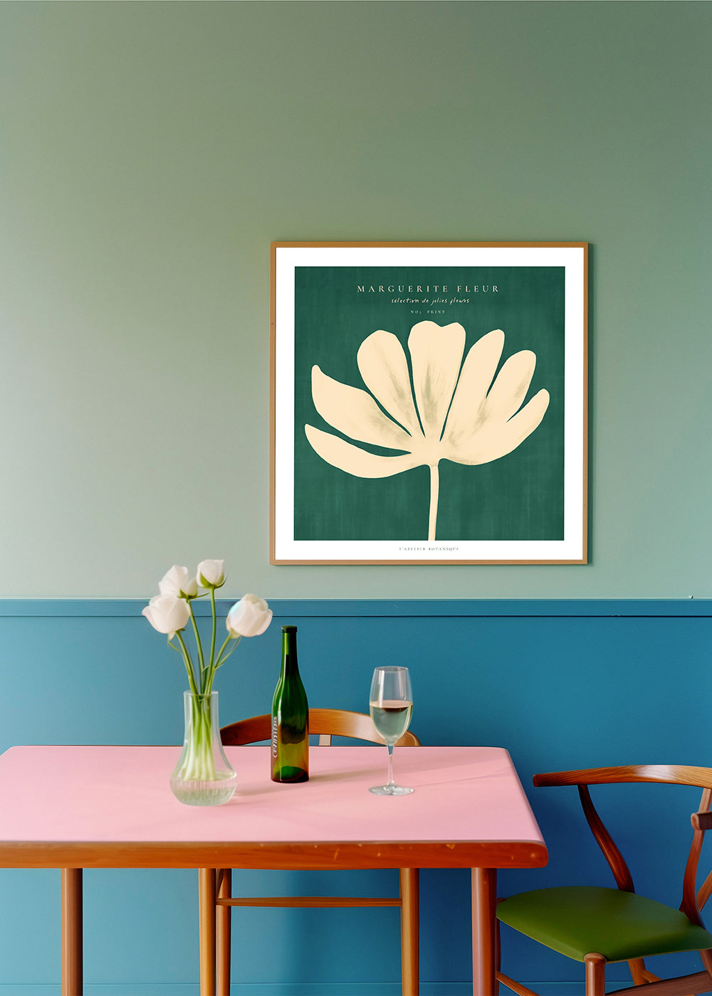 Plakat botaniczny: stokrotka na zielonym tle