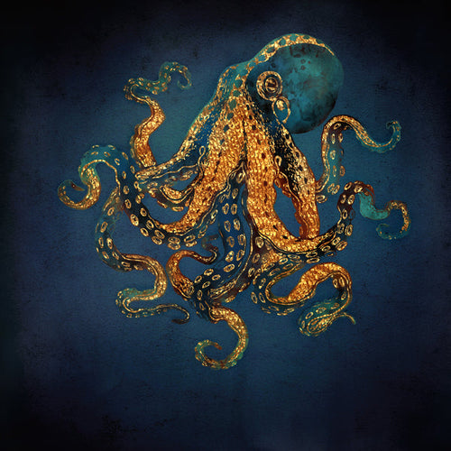Złoty oktopus na głębokim, niebieskim tle