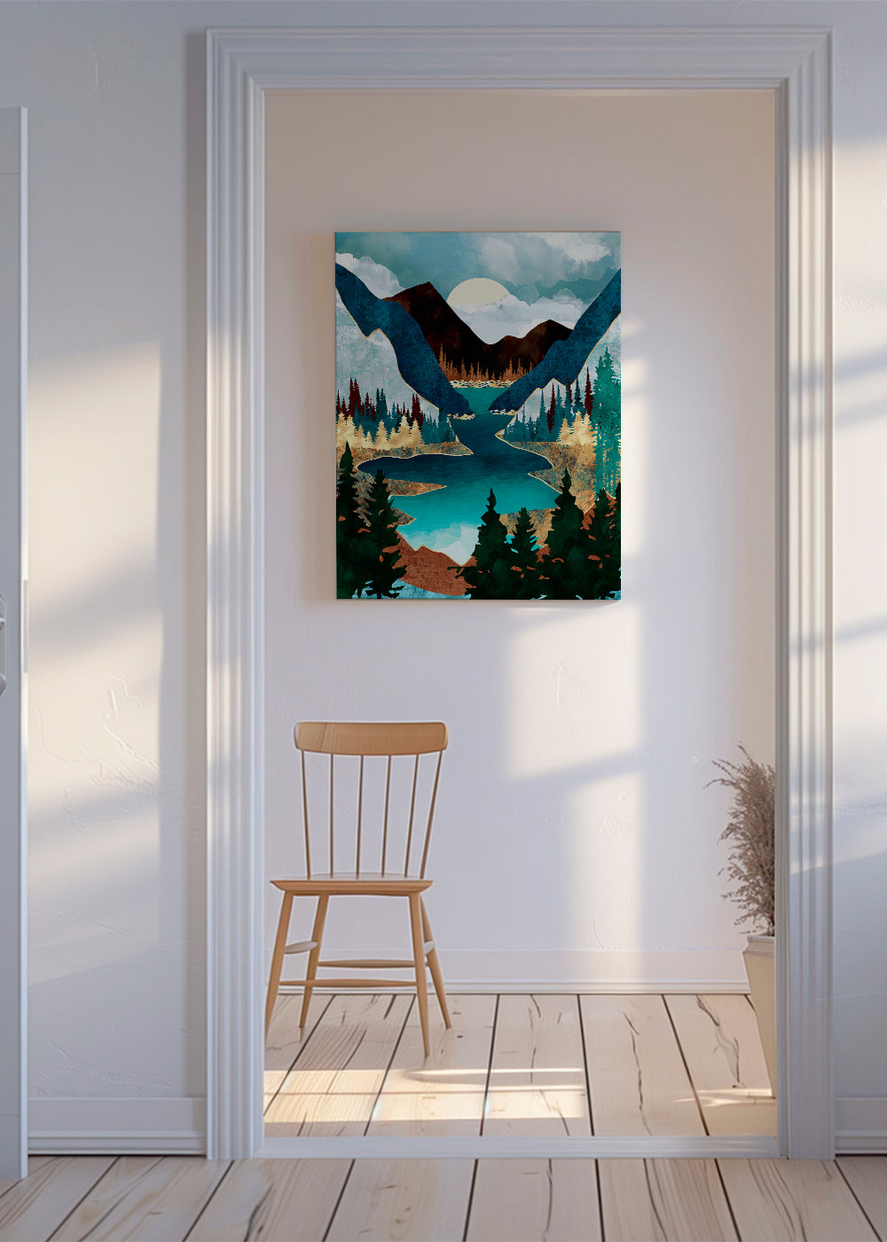 Plakat krajobrazowy: jezioro między górami ilustracja