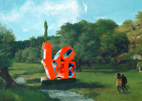 Obraz krajobrazowy z czerwoną rzeźbą LOVE