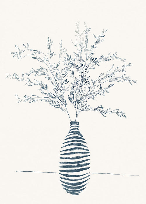 Grafika botaniczna z niebieskim wazonem